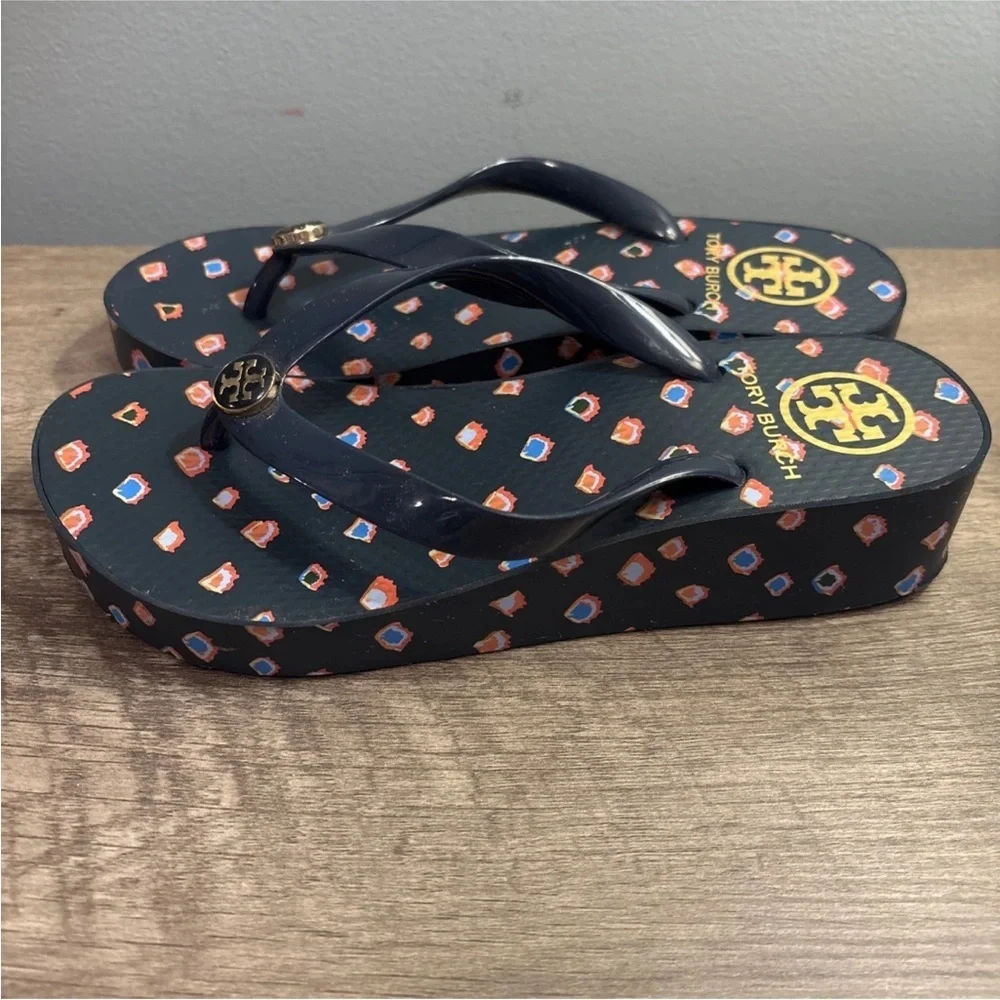 Tory Burch Navy Blue Fresh Blueberry Wild Pansy Flip Flops